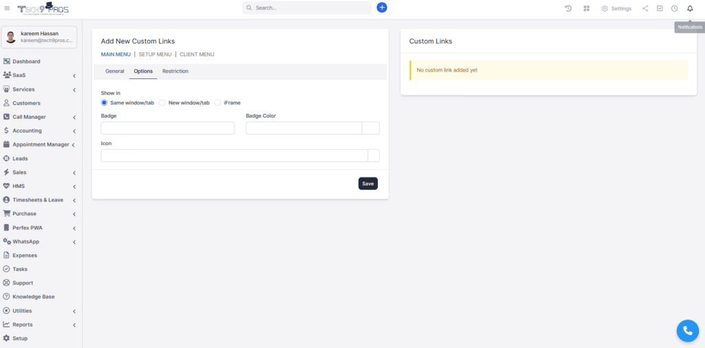 Links Display options