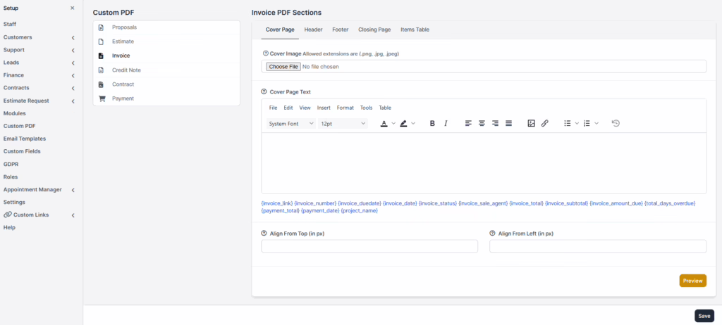 custom invoice for perfex crm