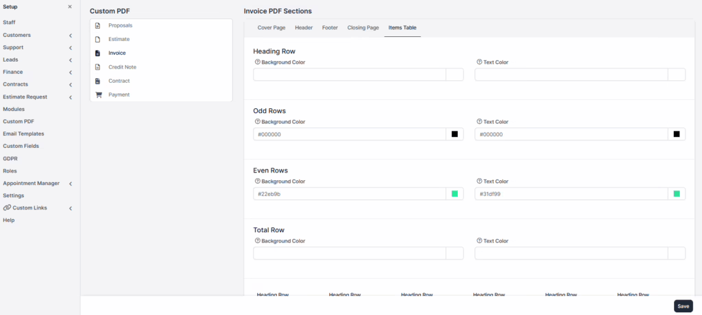 custom pdf for perfex crm