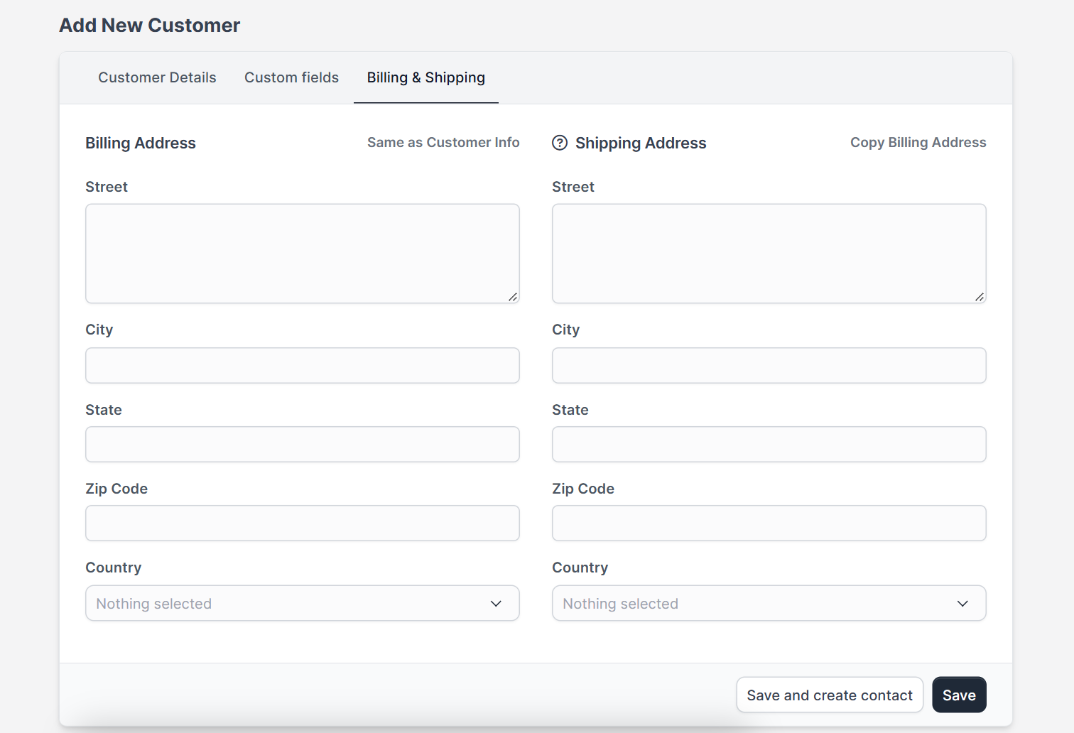 Billing and Shipping tab when you add a Perfex CRM new customer