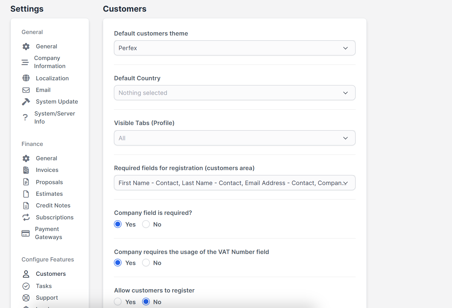 Customer settings for a Perfex CRM new customer in Setup Settings