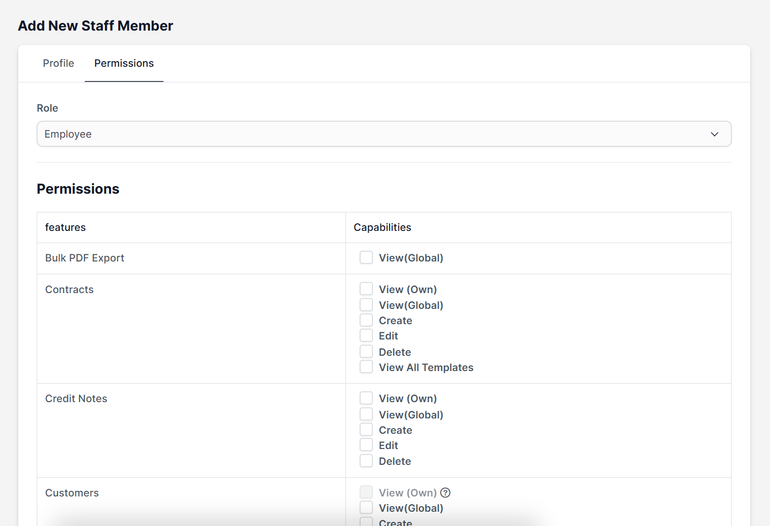 Permissions tab when you Perfex CRM add staff member