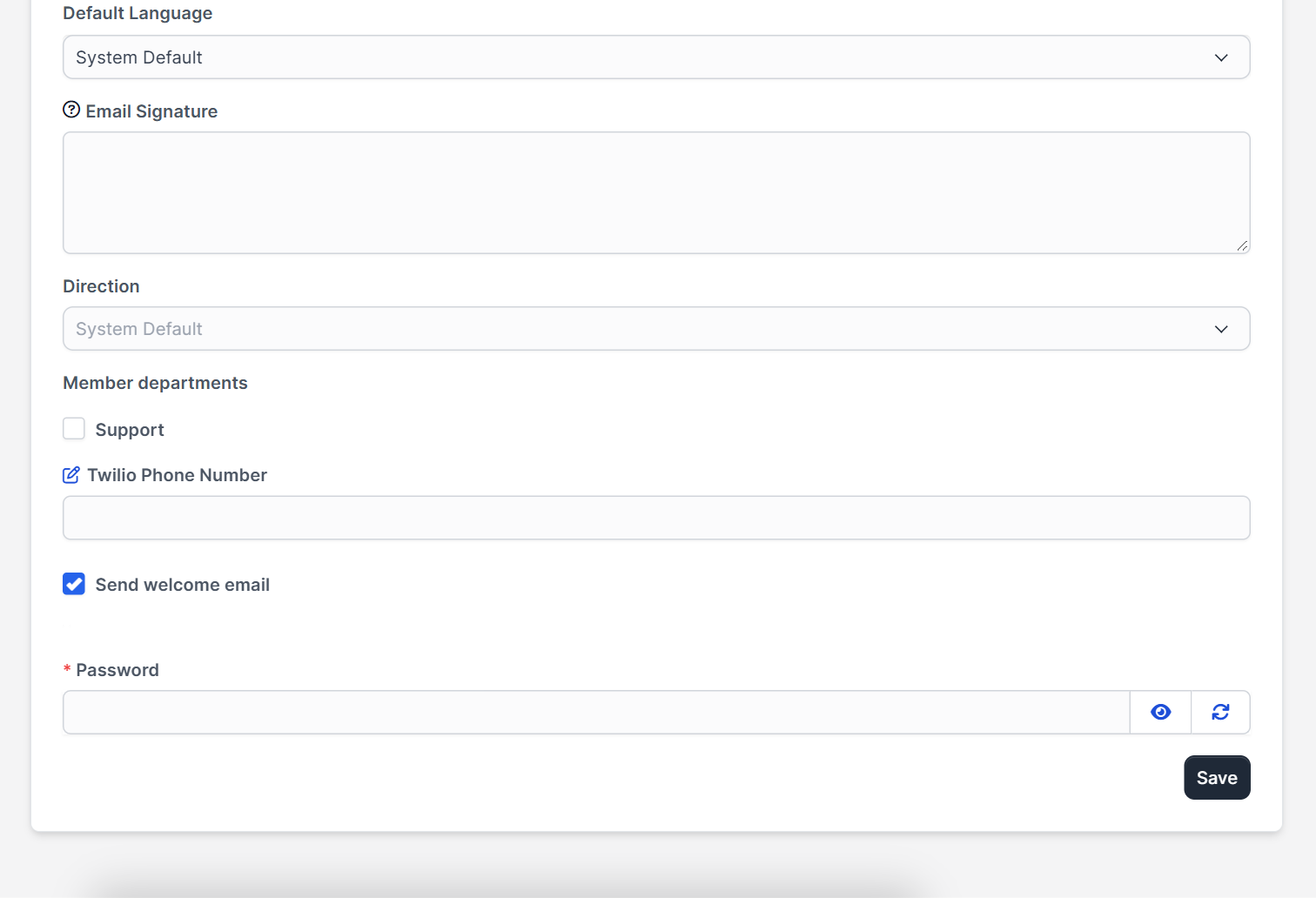 Role, password and welcome email options when you Perfex CRM add staff member