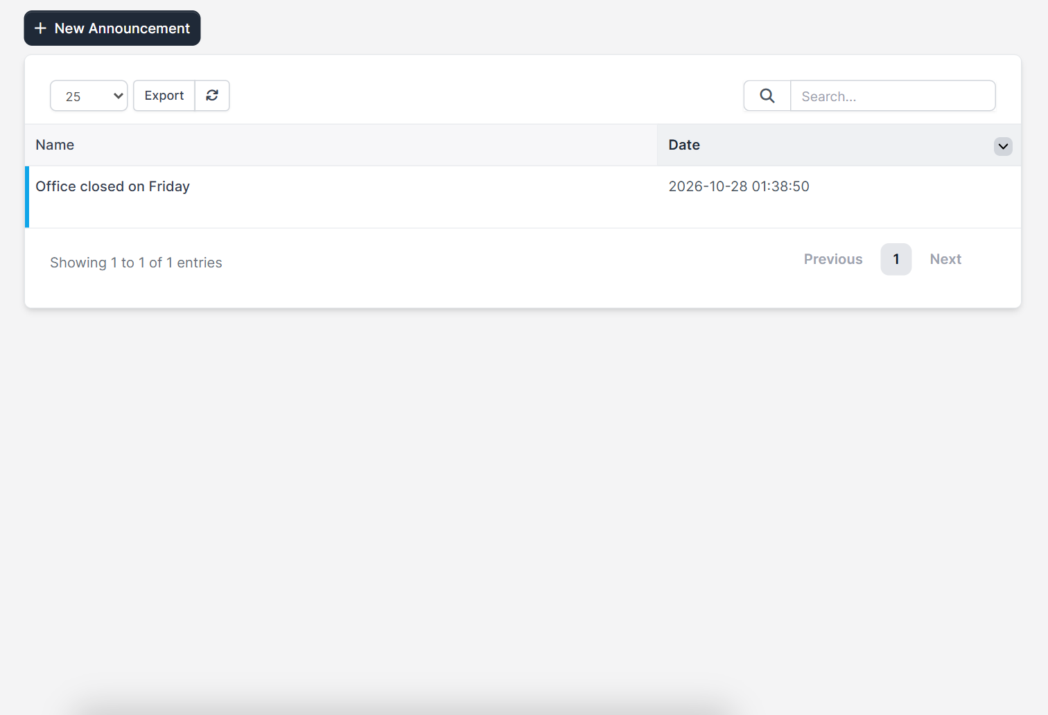 Perfex CRM announcements list with name and date