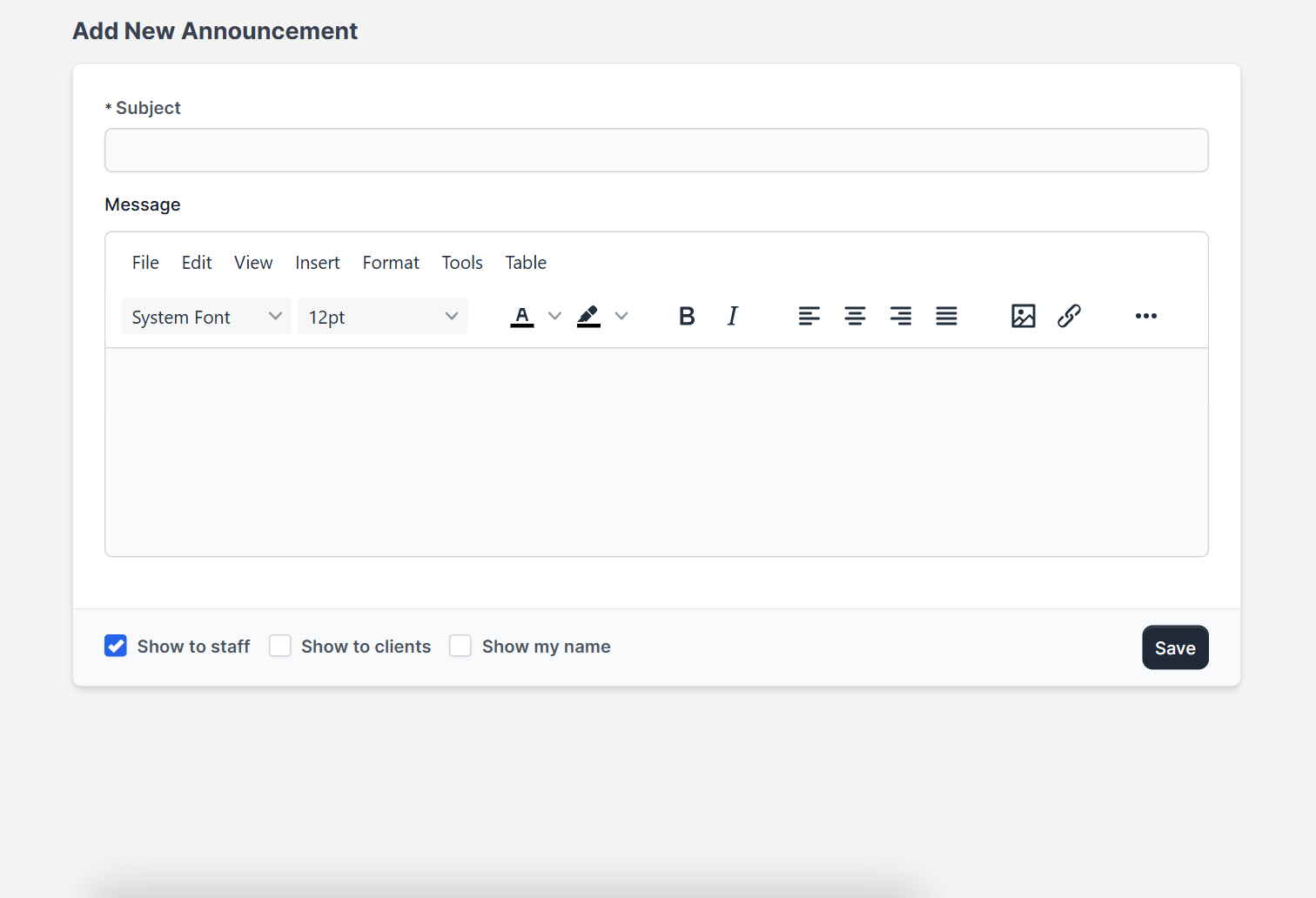 Add new announcement form in Perfex CRM announcements with subject and message editor