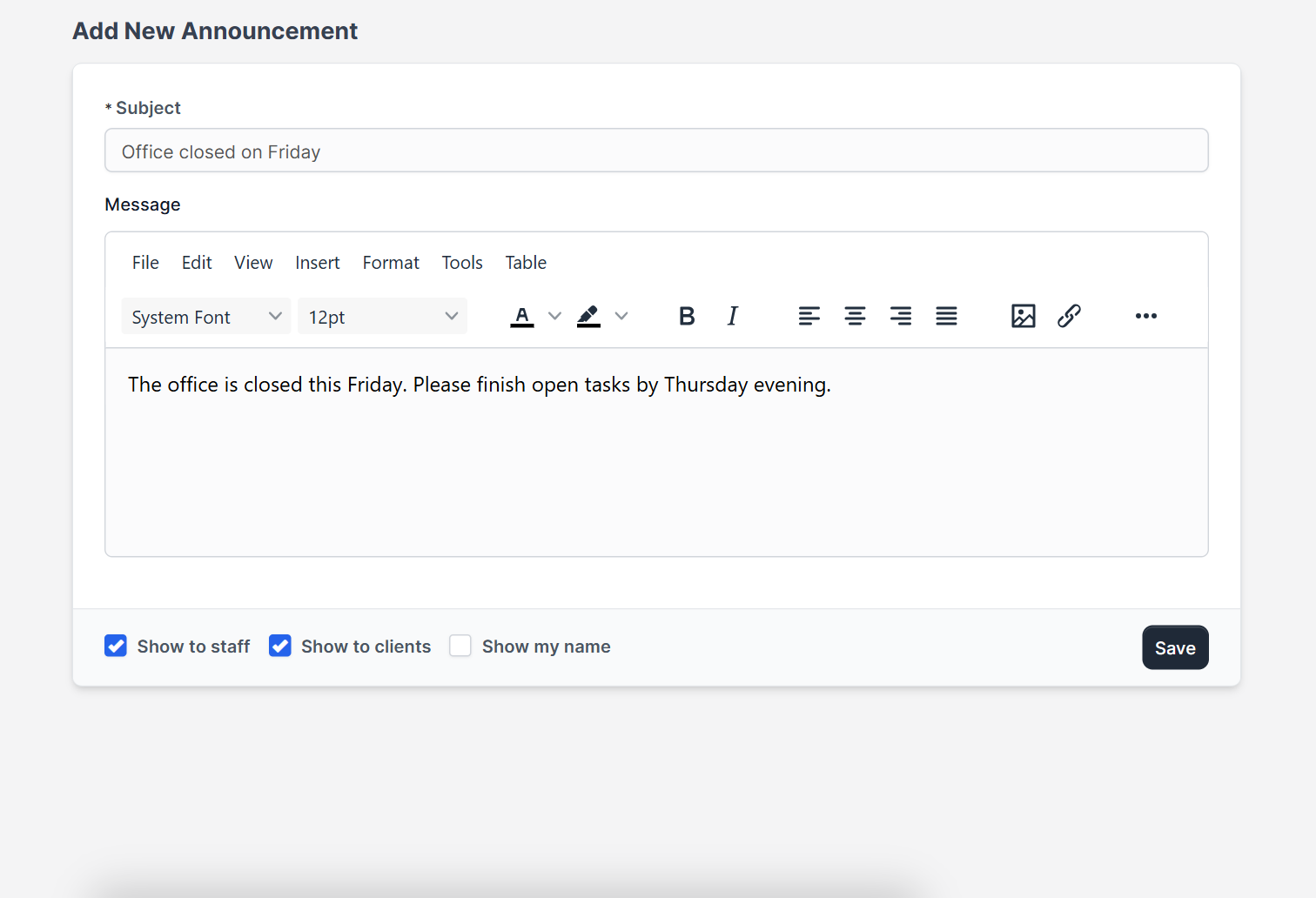 Staff announcement form with show to staff and show to clients options in Perfex CRM