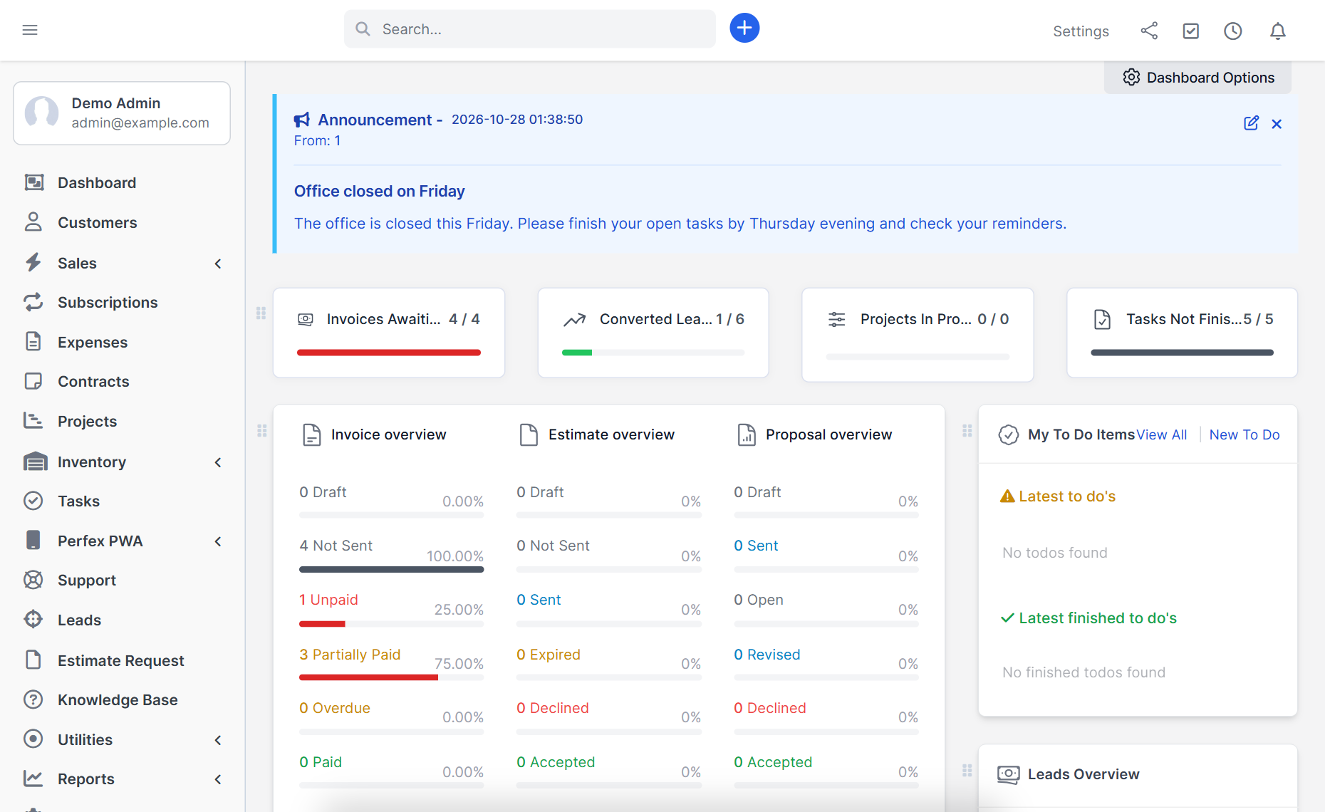 Perfex CRM announcements shown as a blue box on the staff dashboard
