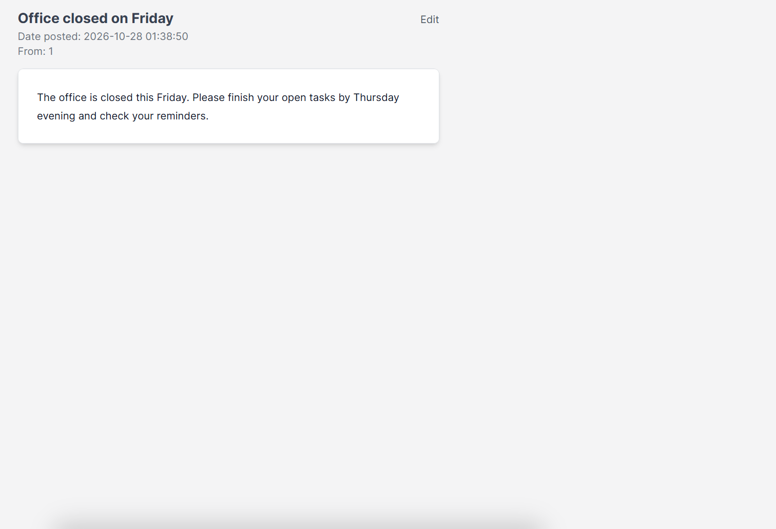 Single Perfex CRM announcements page with subject, date posted and message