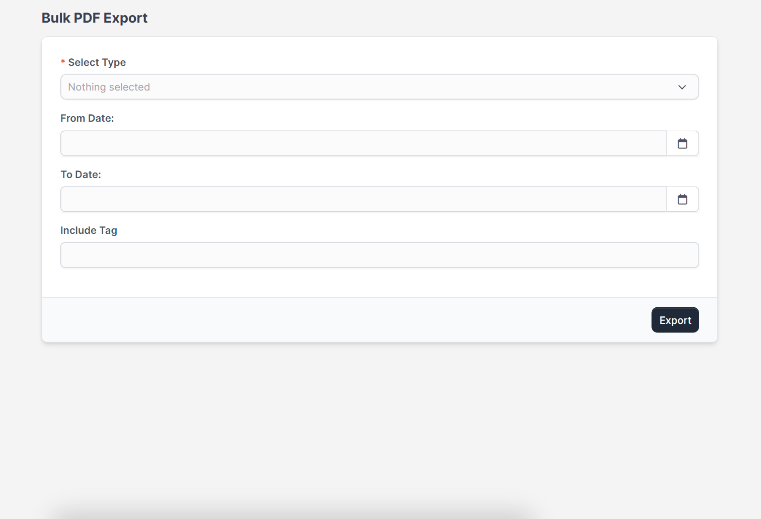 Perfex CRM bulk PDF export form with type, dates and tag fields