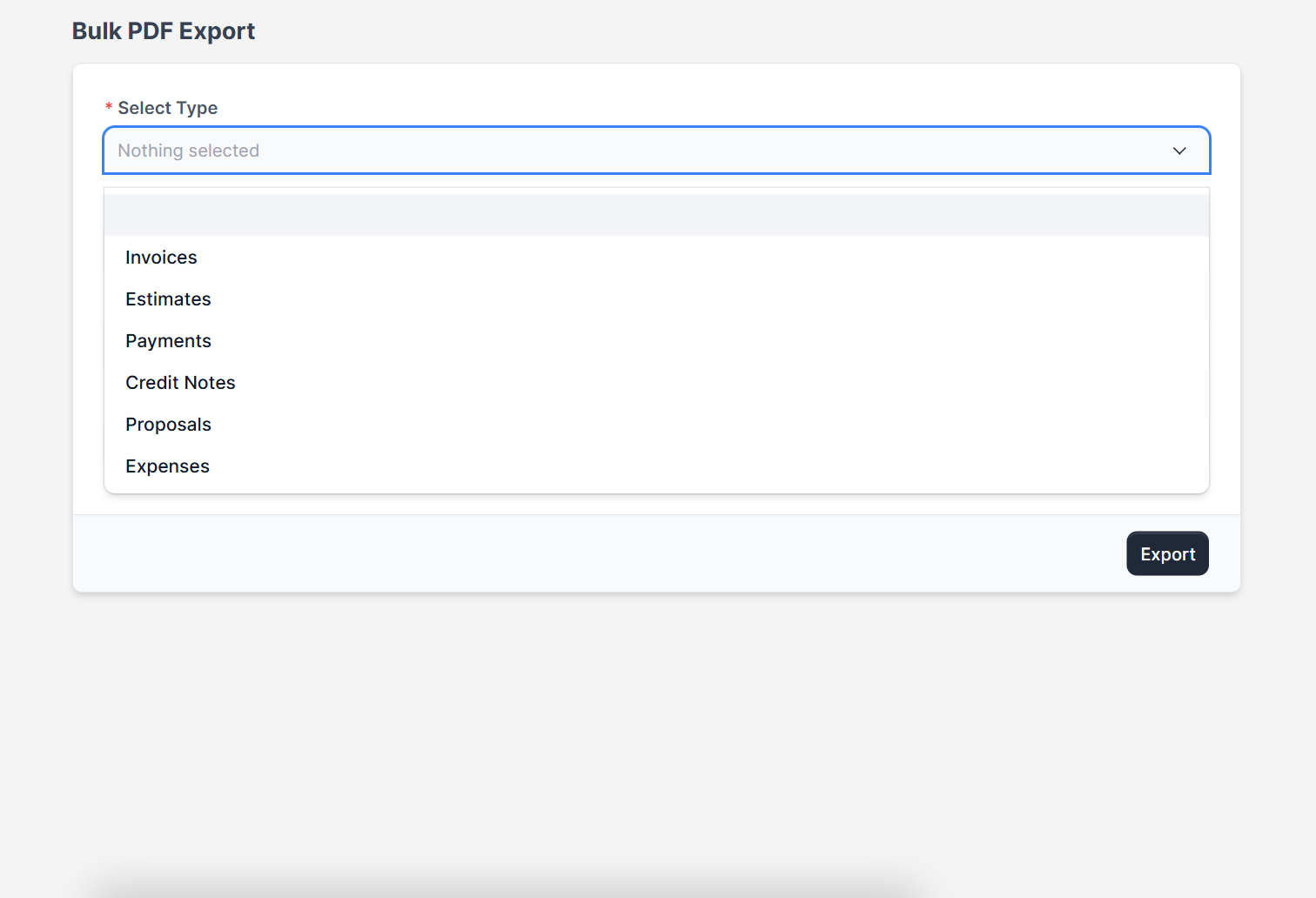 Select type list in Perfex CRM bulk PDF export with invoices, estimates and payments