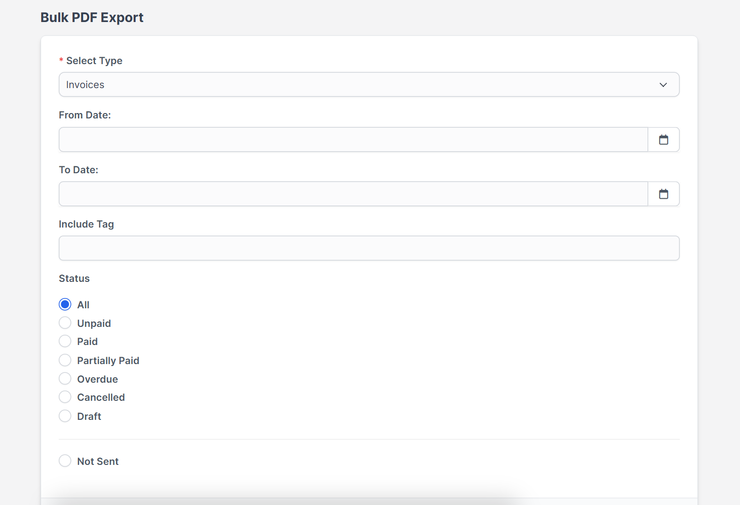 Status options when you export invoices with Perfex CRM bulk PDF export