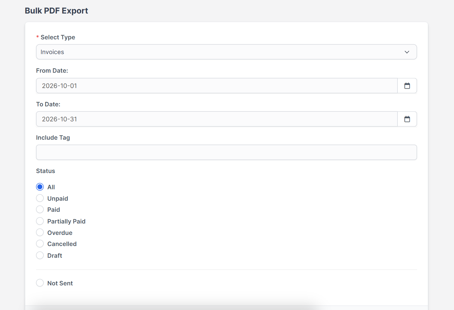 From date and to date fields in Perfex CRM bulk PDF export for exporting invoices