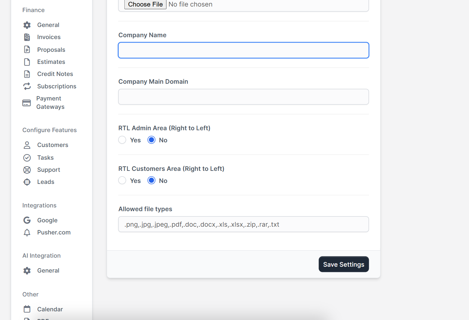 Logo upload fields for the Perfex CRM company logo