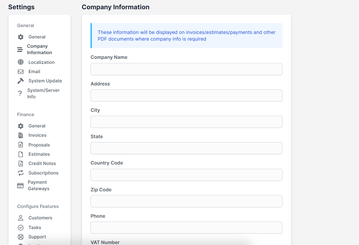 Company information settings for the Perfex CRM company logo and PDFs