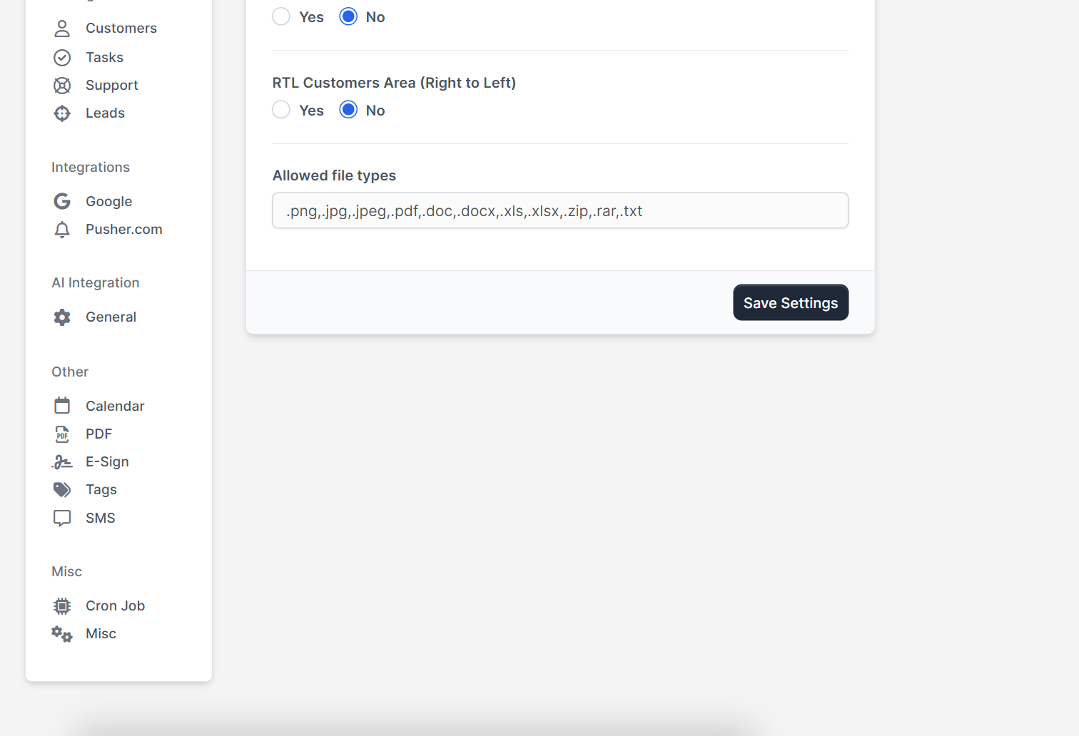 Other general settings below the Perfex CRM company logo