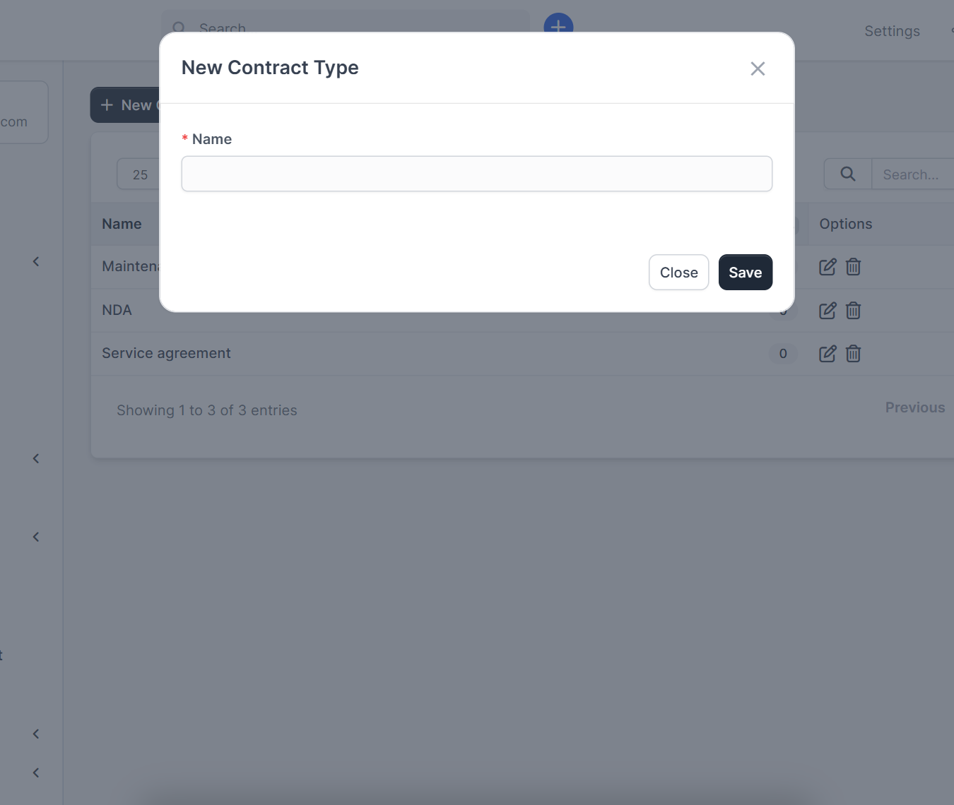 New Contract Type window in Perfex CRM contract types with the name field
