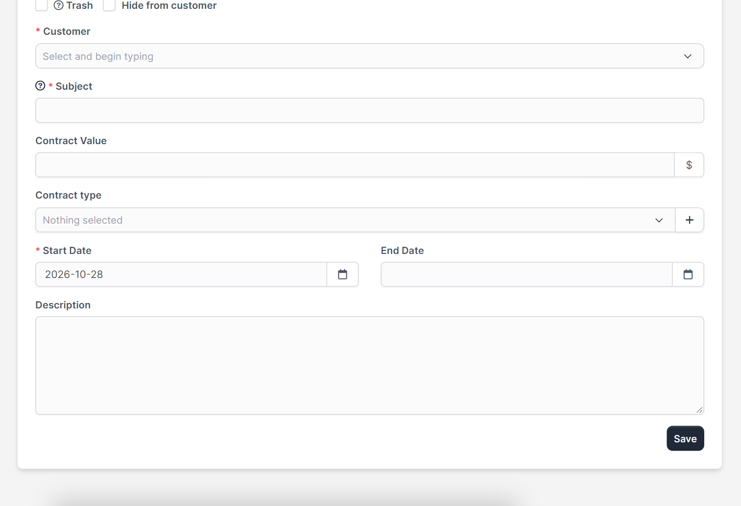New contract form where you choose among Perfex CRM contract types