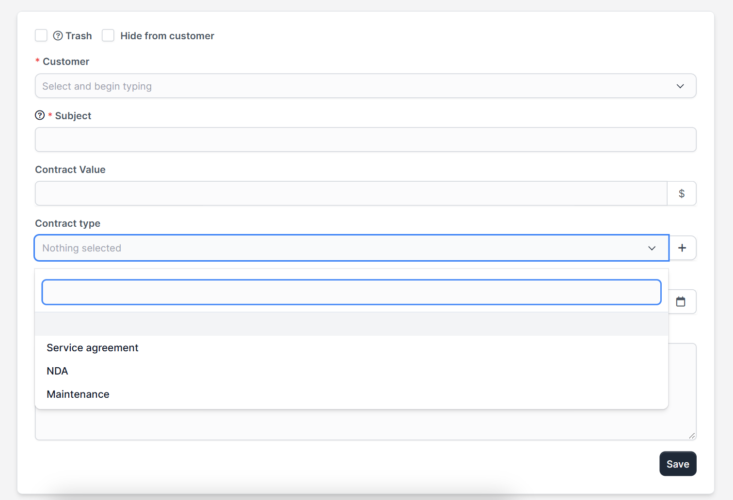 Contract type field opened on the contract form in Perfex CRM contract types