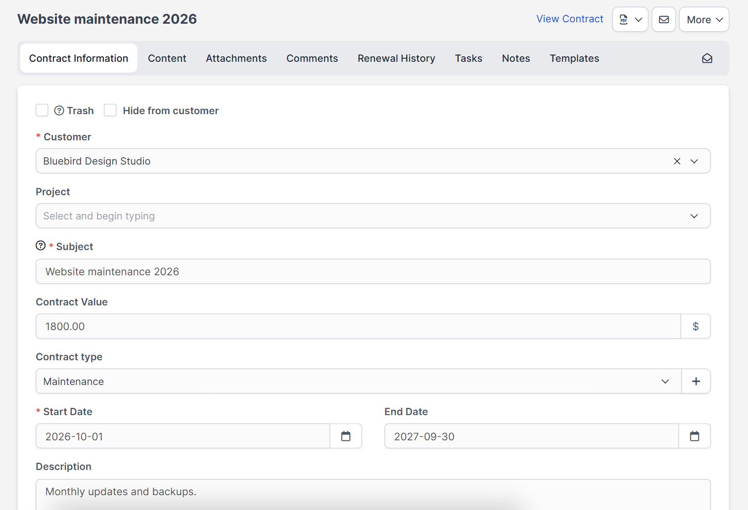 Contract information with customer, value and type in Perfex CRM contracts