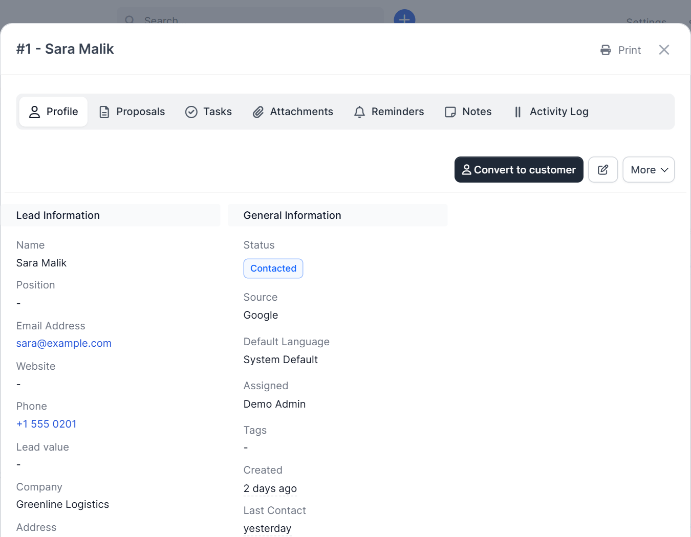Lead profile with the Convert to customer button in Perfex CRM
