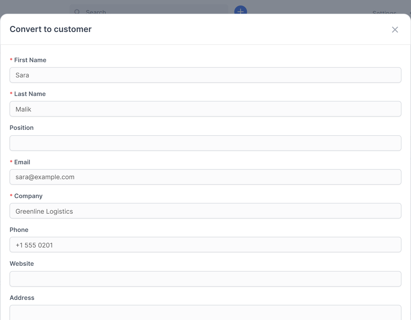 Convert lead to customer form in Perfex CRM with the lead details