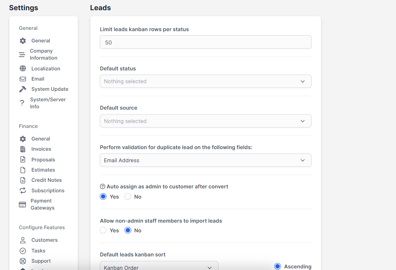 Leads settings for convert lead to customer: default status, source and auto assign