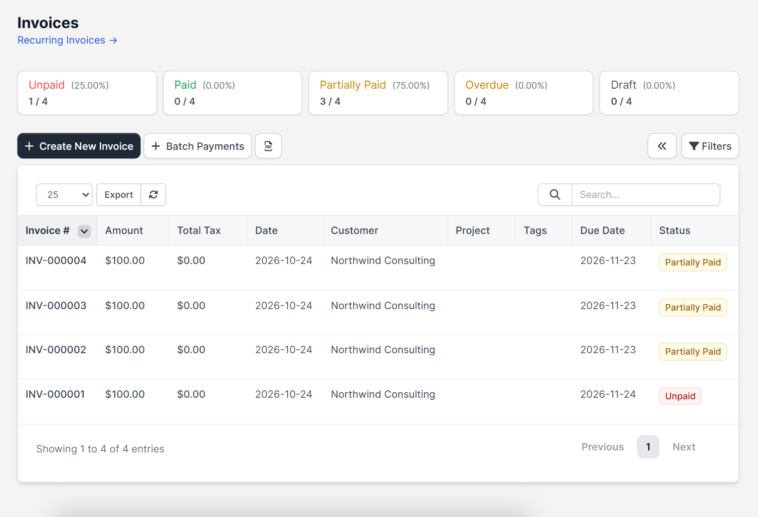 Invoices list with Unpaid, Paid, Partially Paid, Overdue and Draft counters for Perfex CRM create invoice