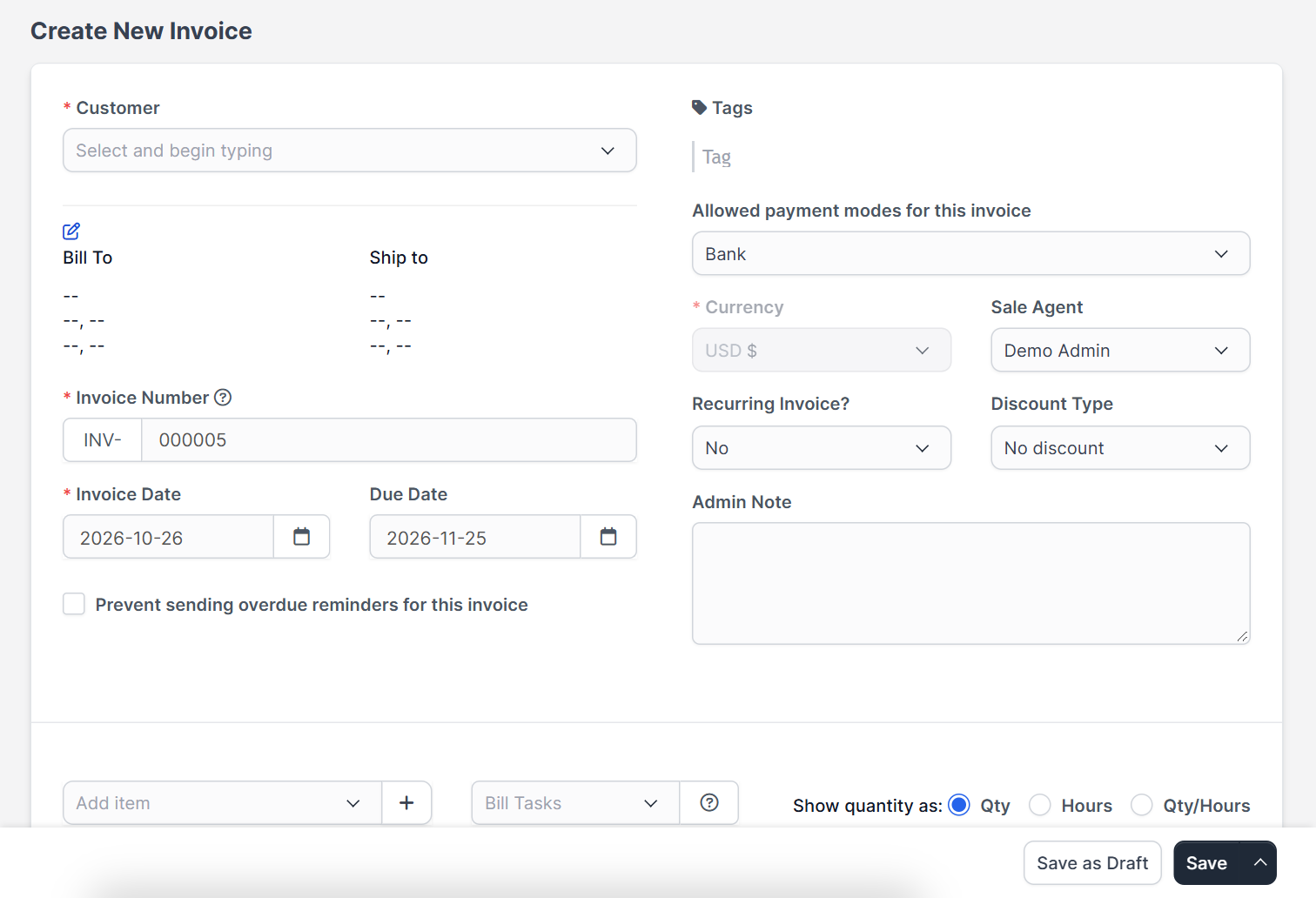 Create New Invoice form for Perfex CRM create invoice