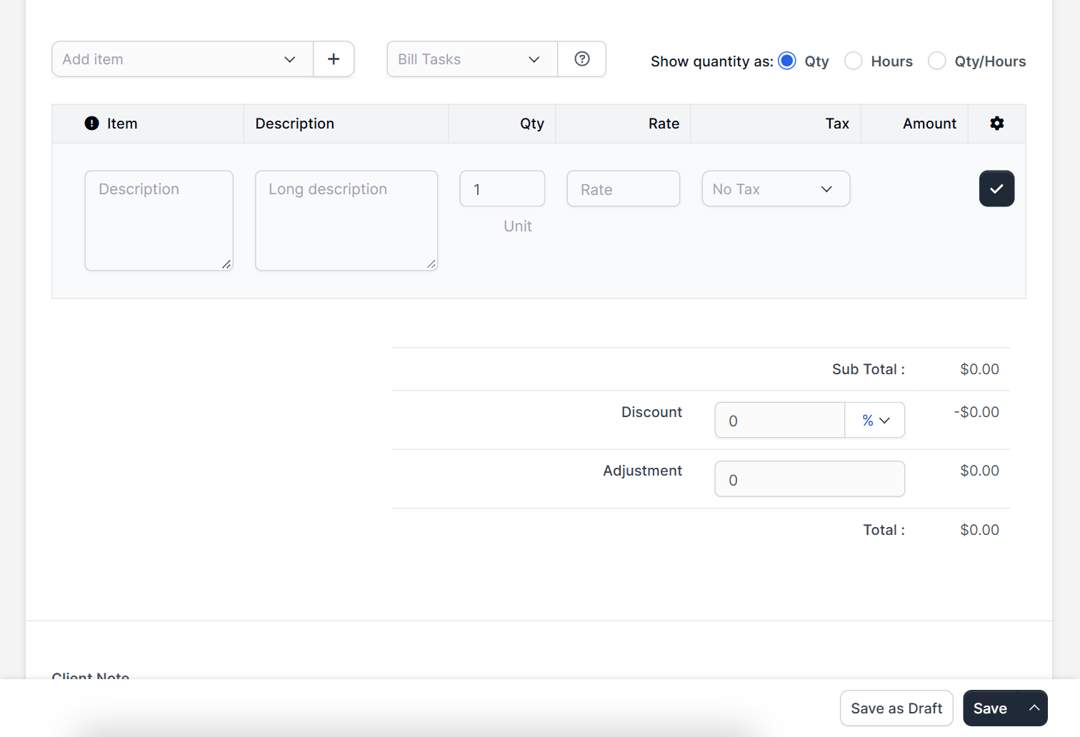 Invoice items table with quantity, rate and tax for Perfex CRM create invoice