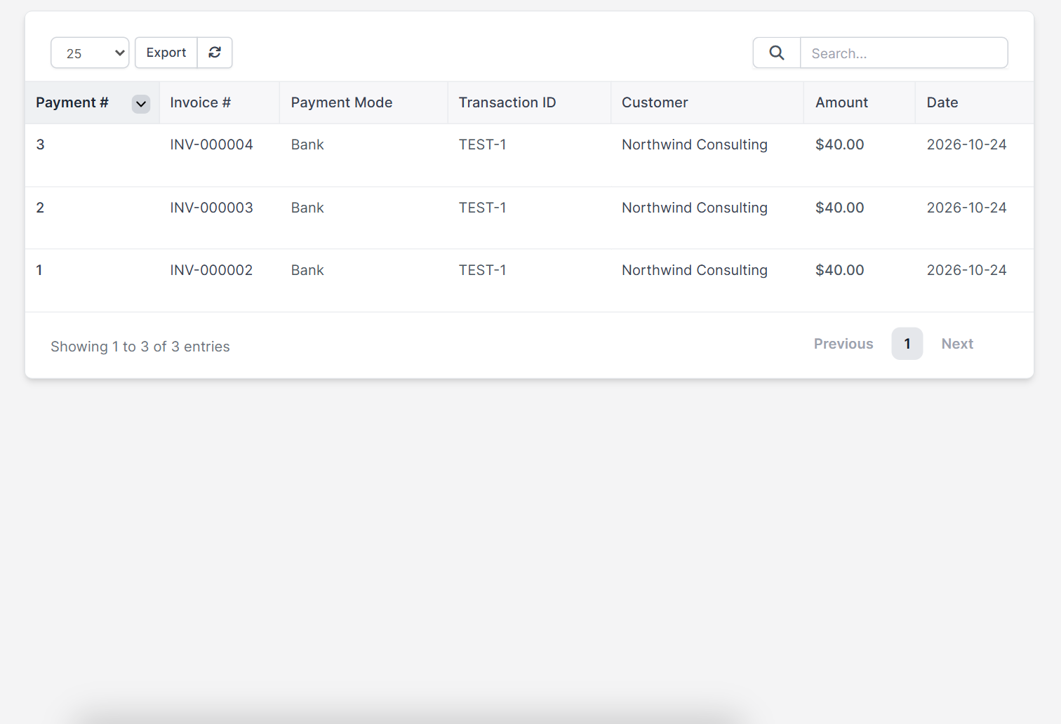 Payments list showing recorded payments in Perfex CRM invoices