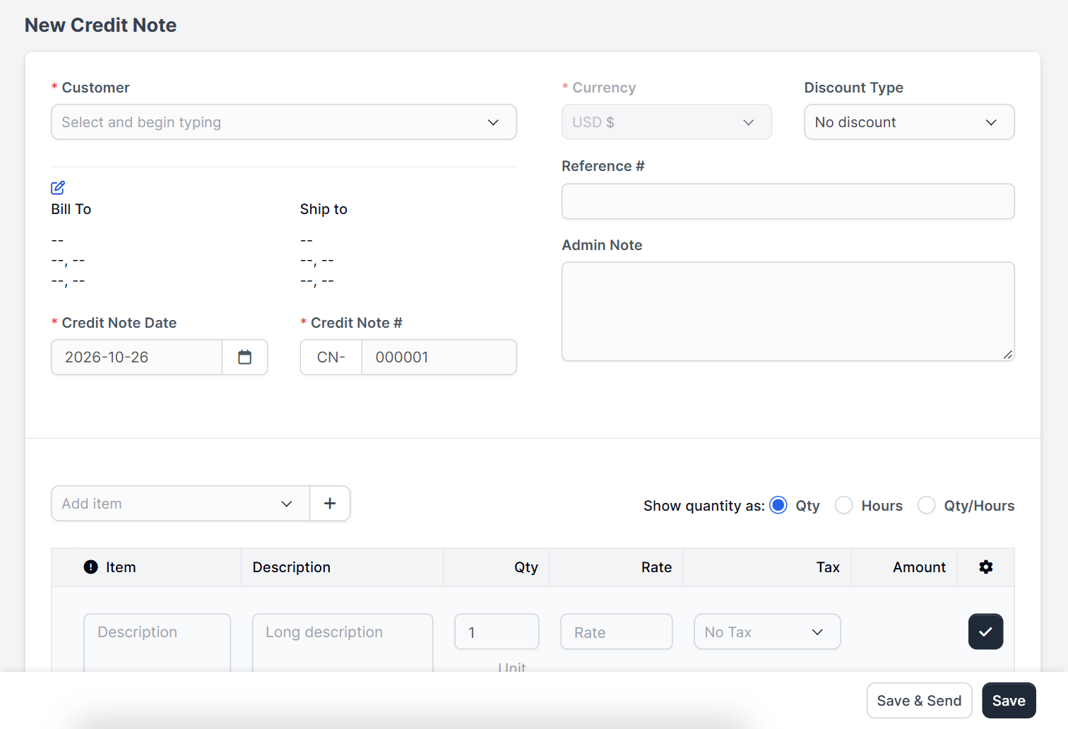 New Credit Note form in Perfex CRM credit notes