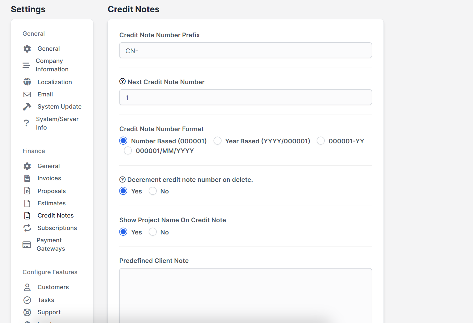 Credit note settings: prefix, next number and format in Perfex CRM credit notes