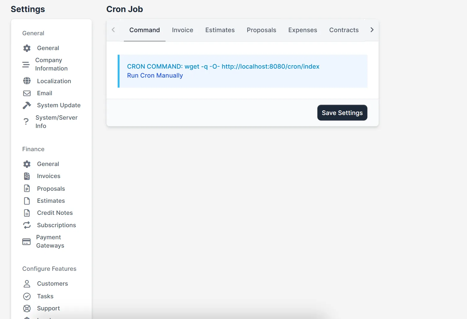 Perfex CRM cron job settings screen with the cron command and reminder tabs