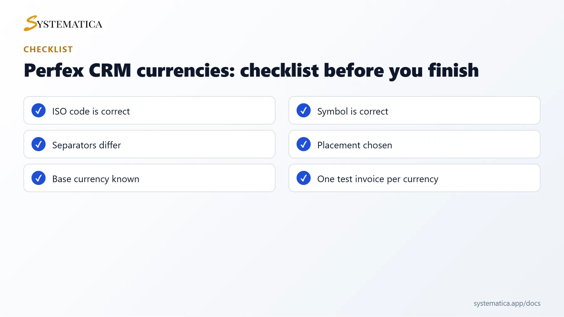 Perfex CRM currencies checklist before you finish