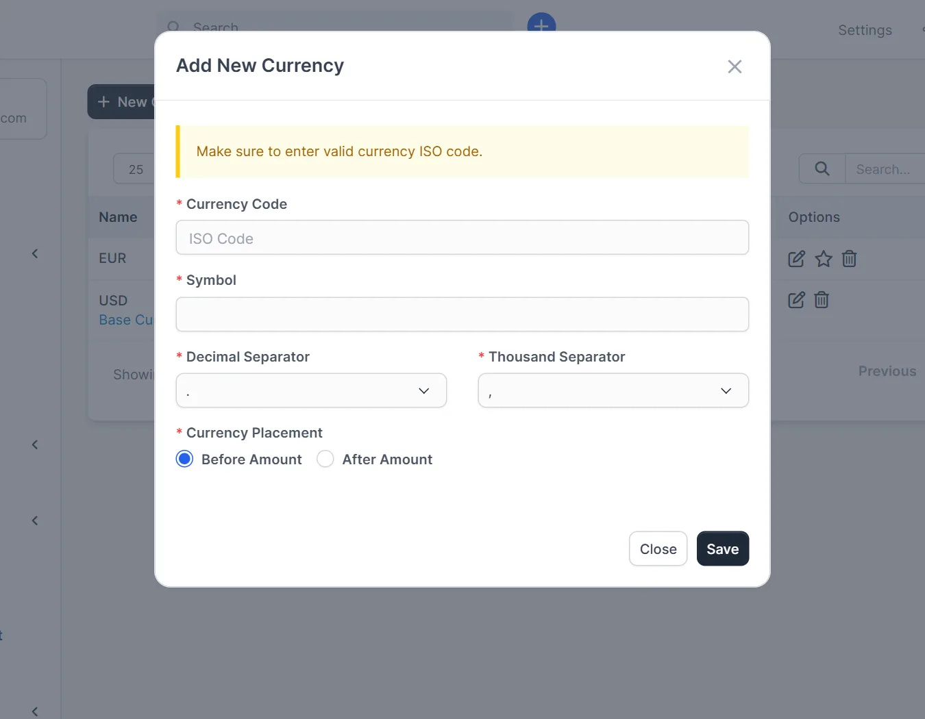 Perfex CRM currencies form with currency code, symbol, separators and placement
