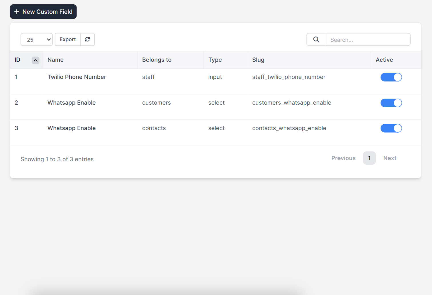 Perfex CRM custom fields list with name, belongs to, type and slug