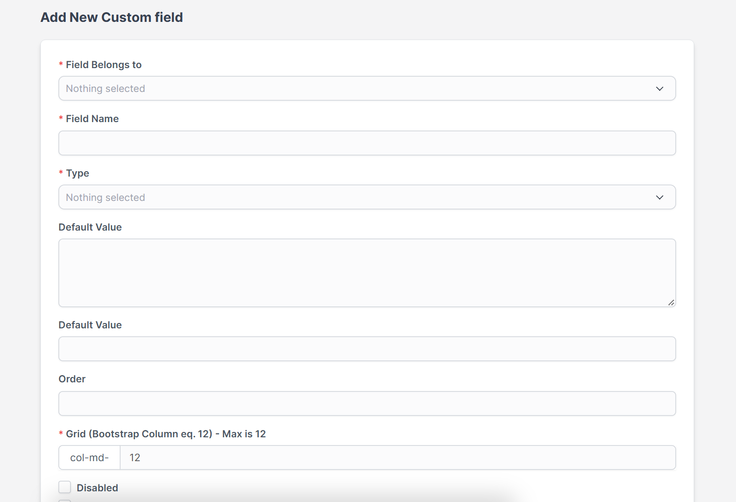 Add New Custom field form for Perfex CRM custom fields