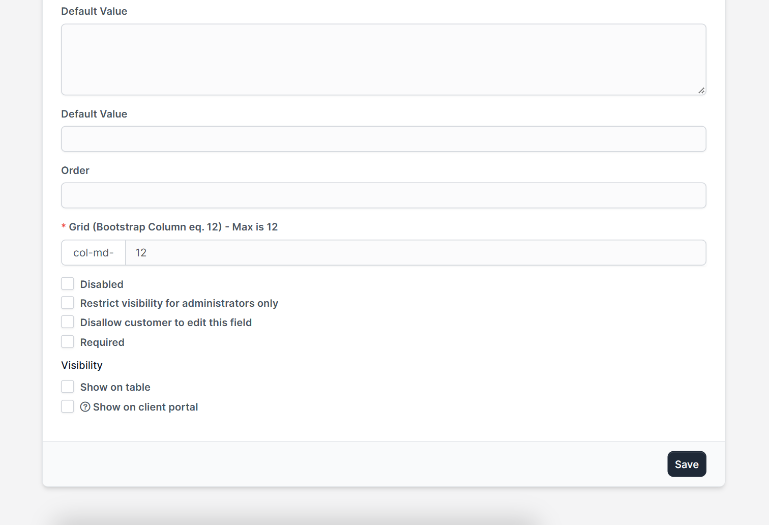 Visibility options for Perfex CRM custom fields: table, PDF, client portal and ticket form