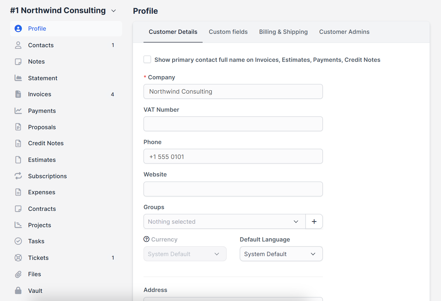 Customer profile with Perfex CRM custom fields