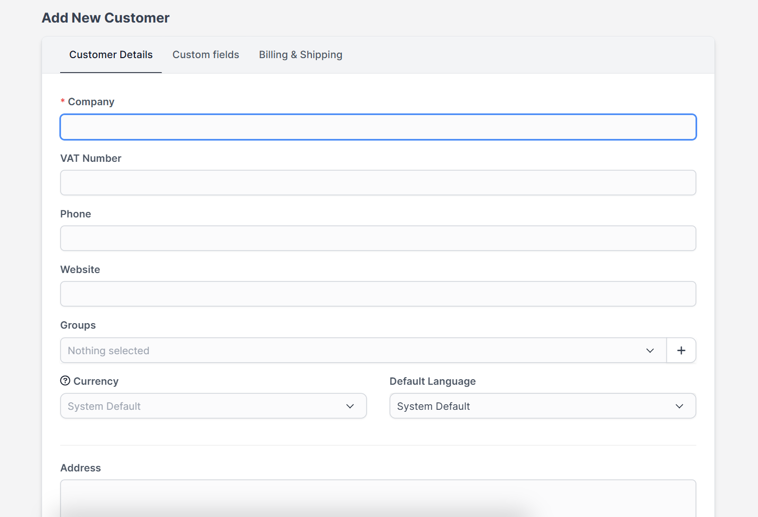 Custom fields tab when you add a customer in Perfex CRM