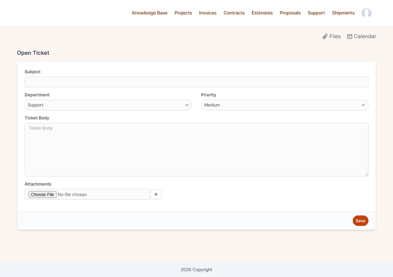 Customer area of Perfex CRM styled with a Theme Studio custom theme