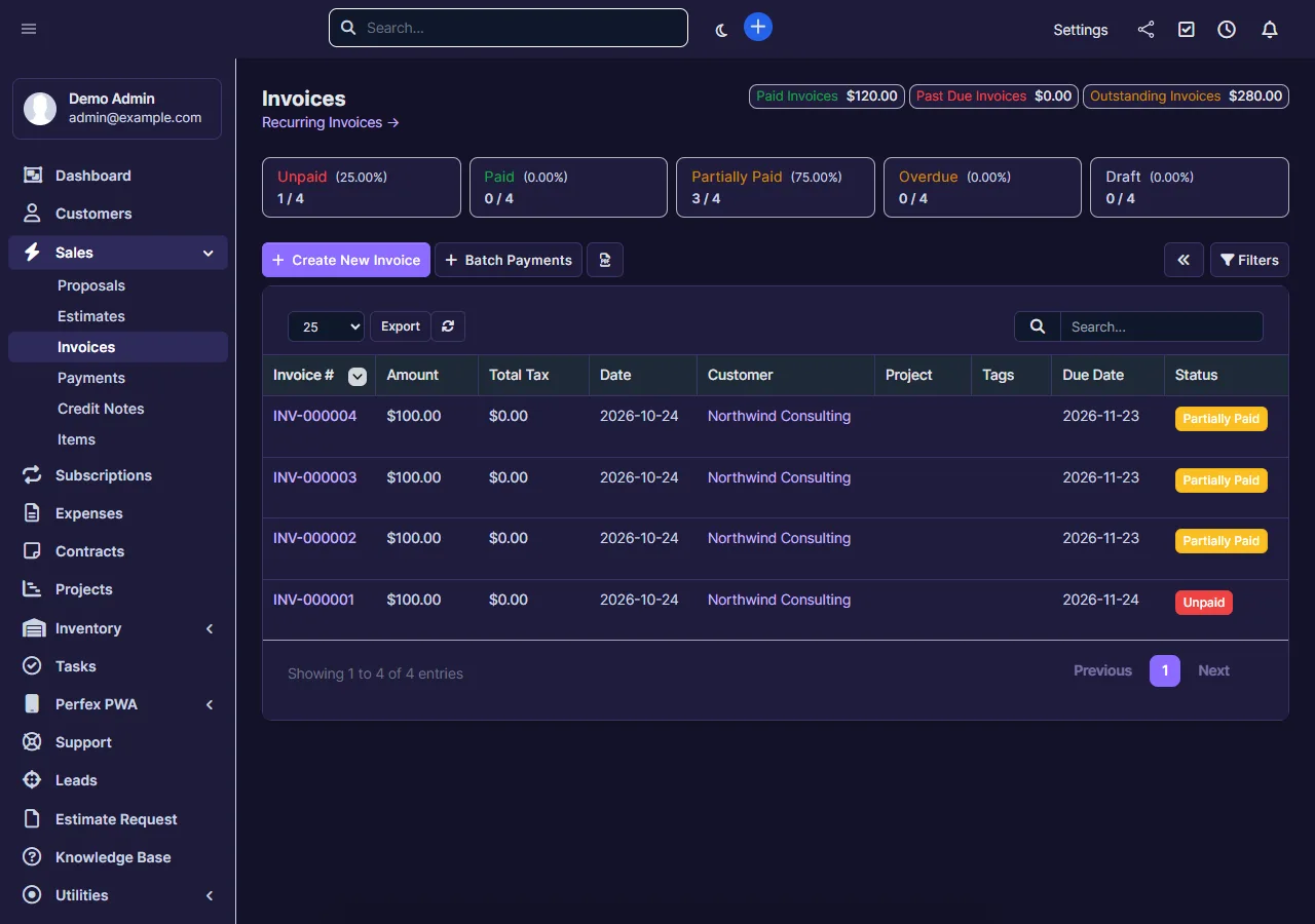 Perfex CRM invoices screen in dark mode with a Theme Studio custom theme