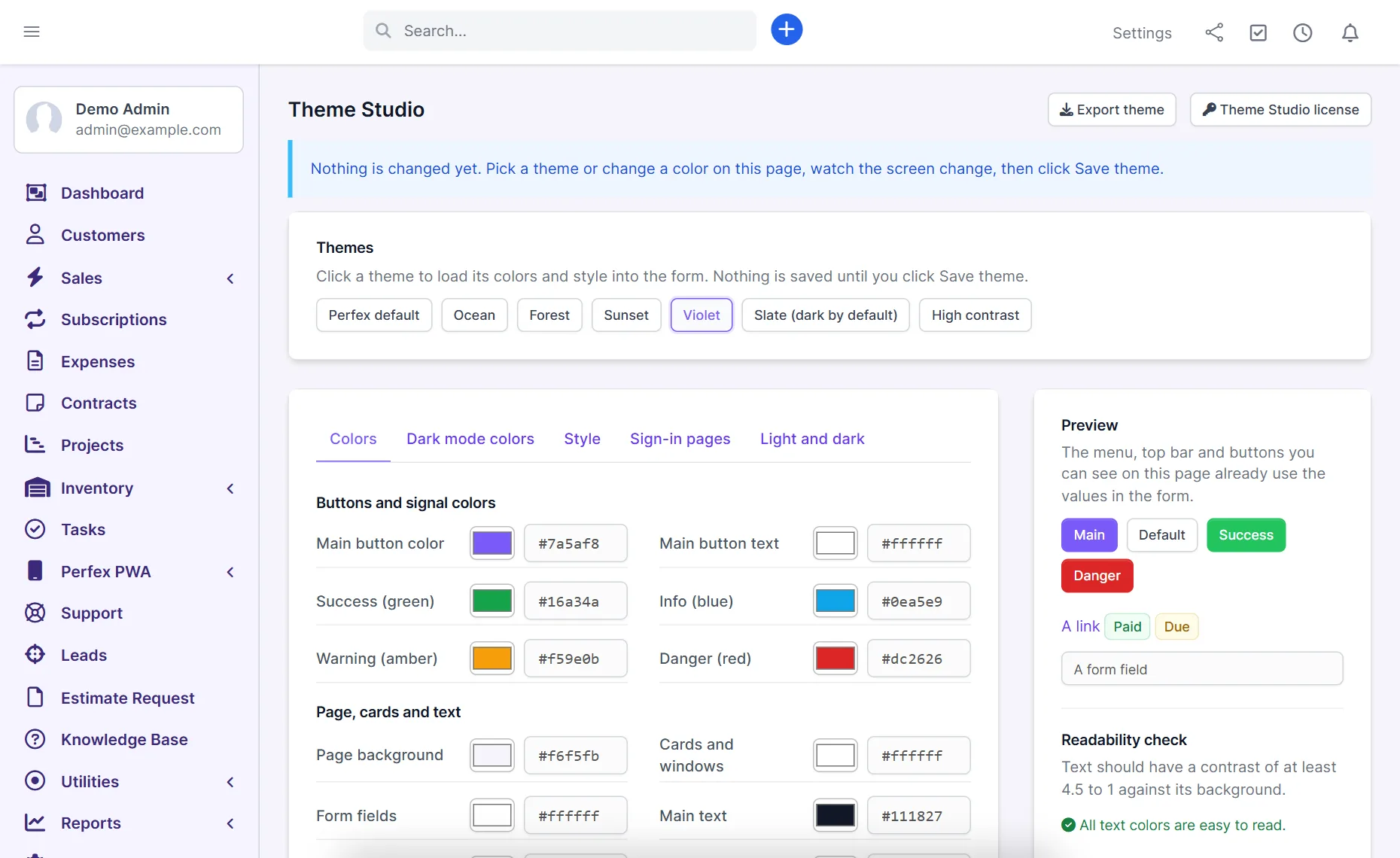 Theme Studio editor for a Perfex CRM custom theme with ready-made themes, color pickers and a live preview