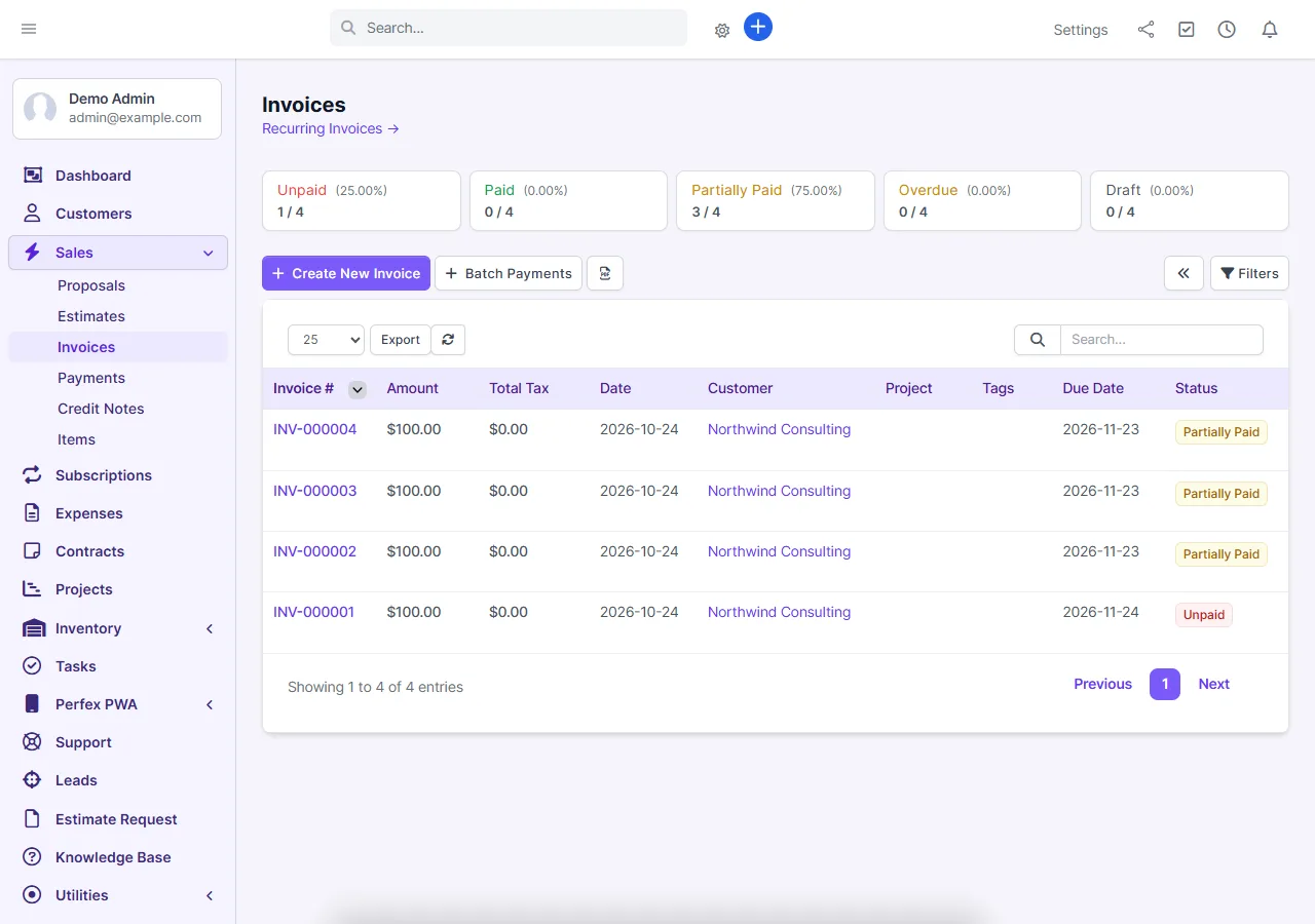Perfex CRM invoices screen with a violet custom theme from Theme Studio