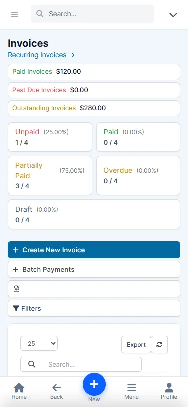 Perfex CRM invoices on a phone with a Theme Studio custom theme