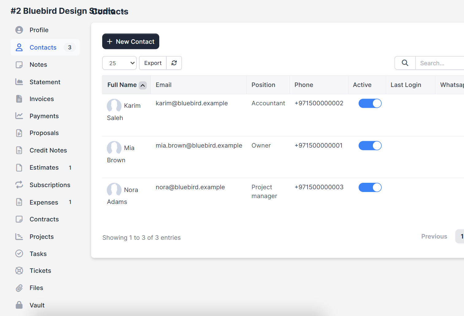 Perfex CRM customer contacts list with position, phone and active switch