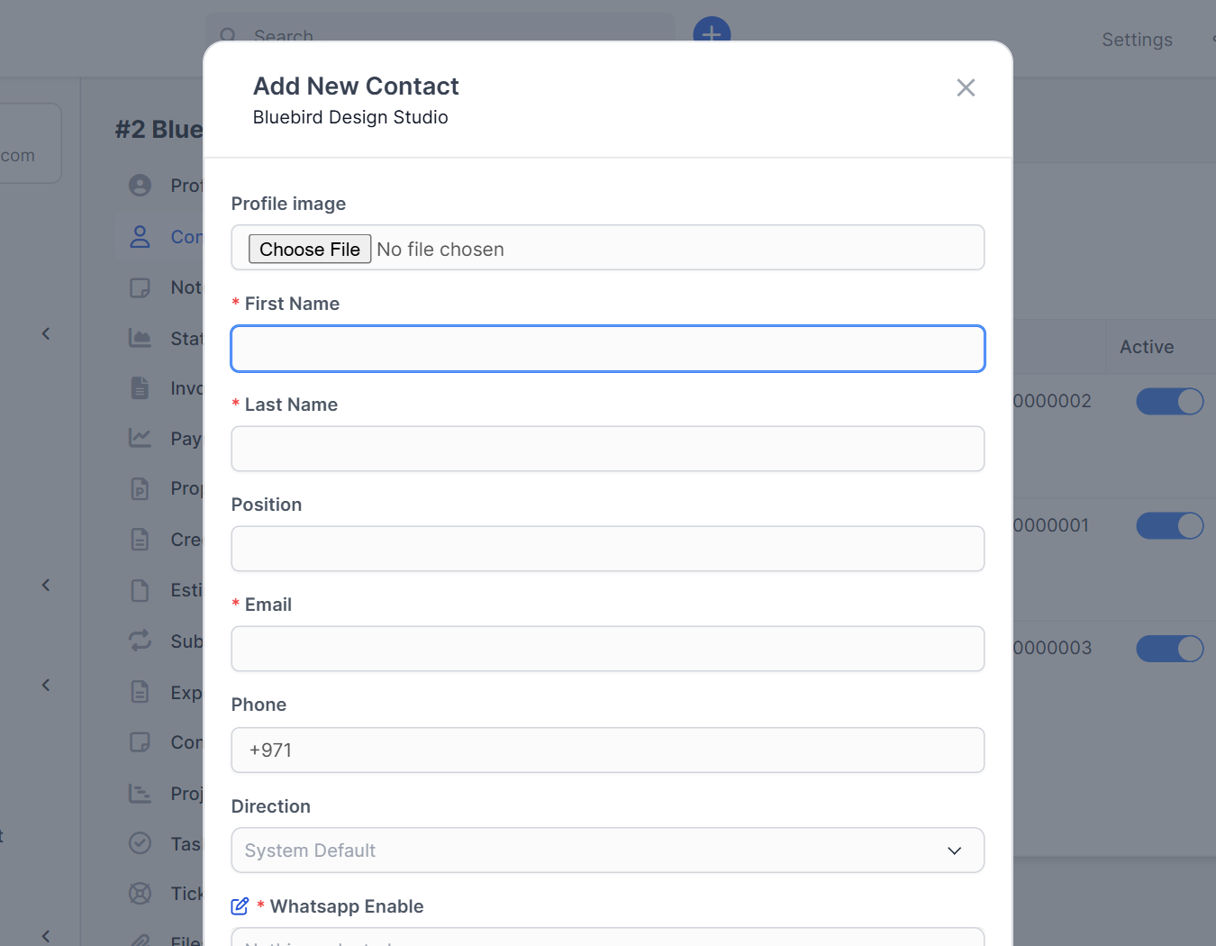 New Contact form for Perfex CRM customer contacts