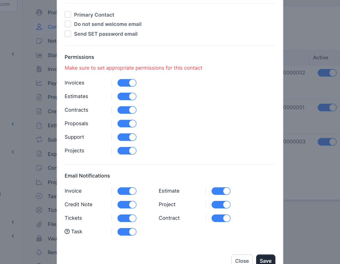 Permissions and email notifications for Perfex CRM customer contacts
