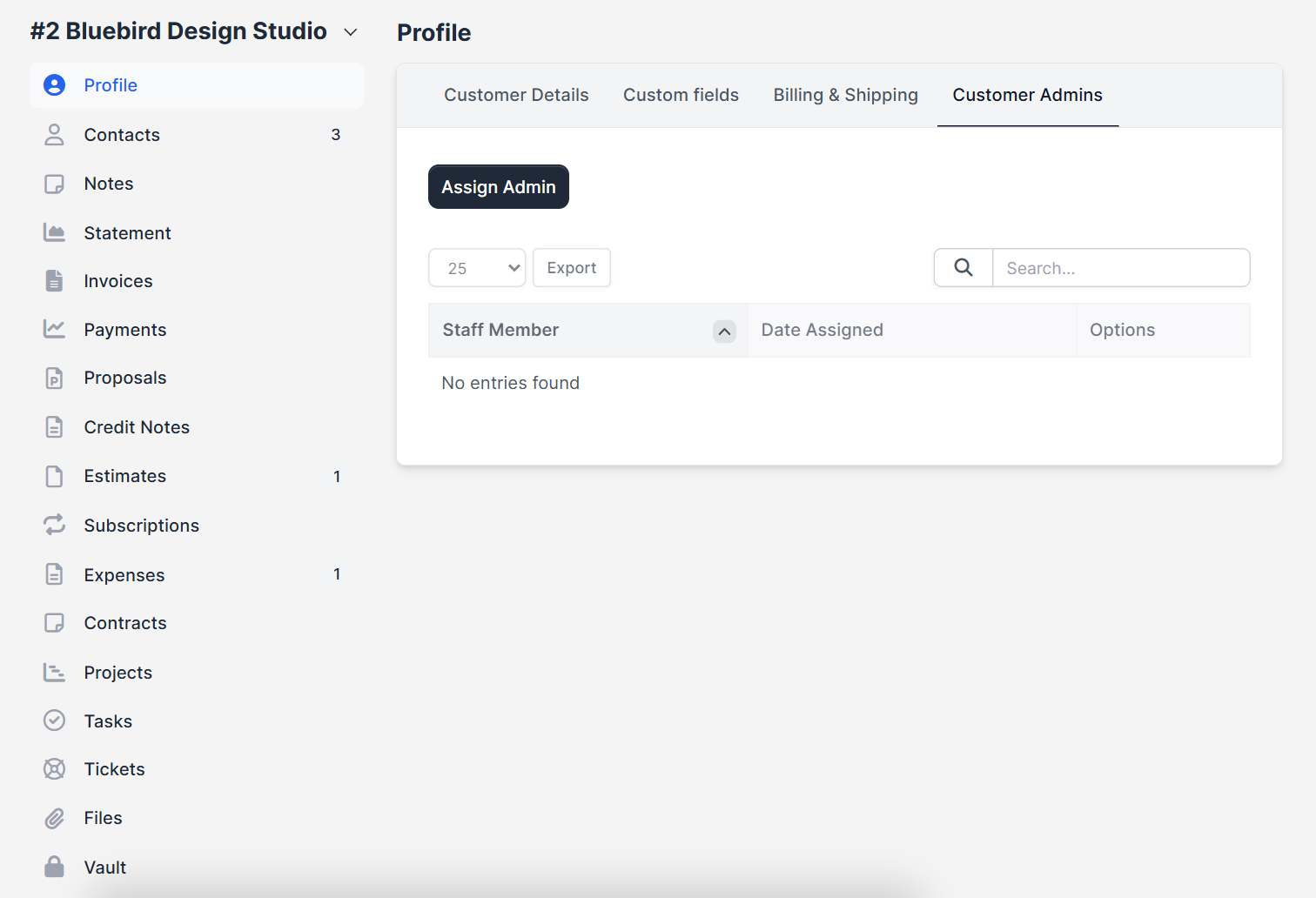Customer Admins tab next to the Perfex CRM customer contacts