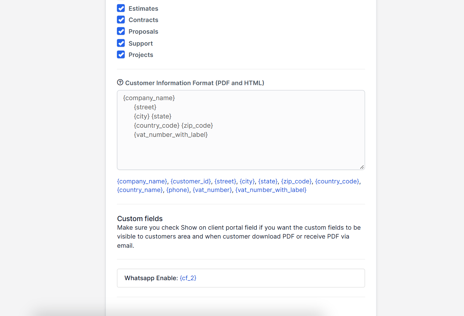 Default contact permissions in the Perfex CRM customer settings